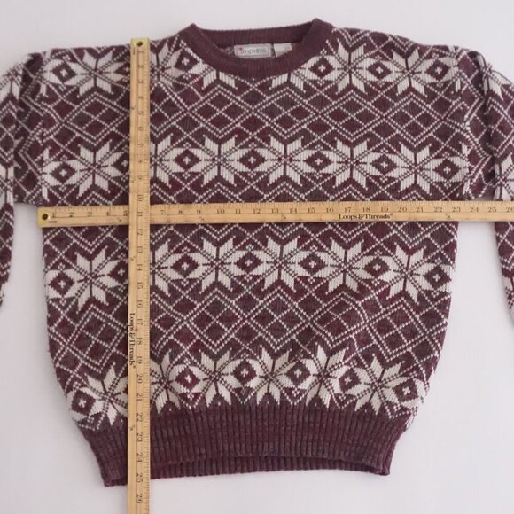 Vintage '90s Impulse Maroon White Snowflake Argyle Knit Crewneck Sweater Large - Picture 3 of 9